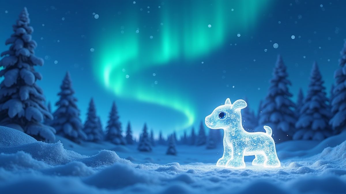 Paisaje escandinavo con nieve y auroras boreales.
