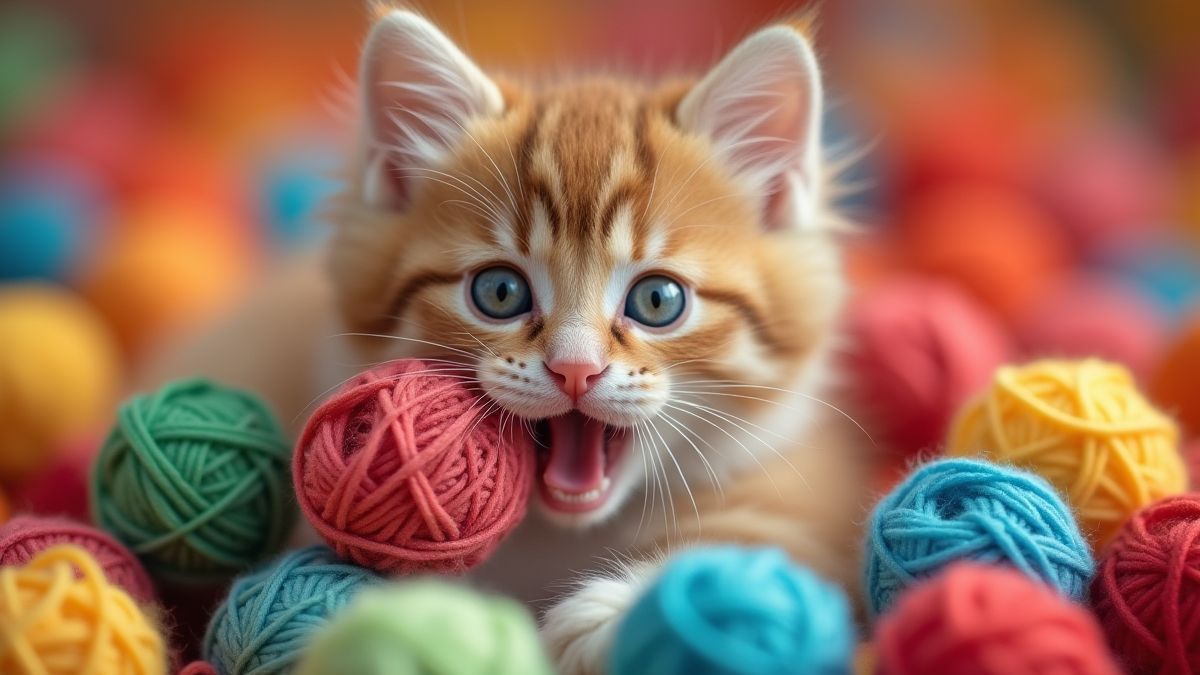 Un chaton jouant avec des pelotes de laine.