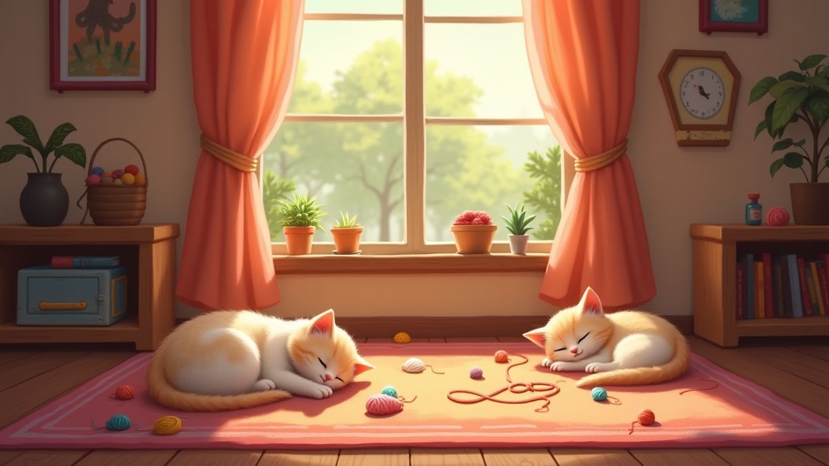 Une chambre accueillante avec des chatons dormant et des pelotes de laine.