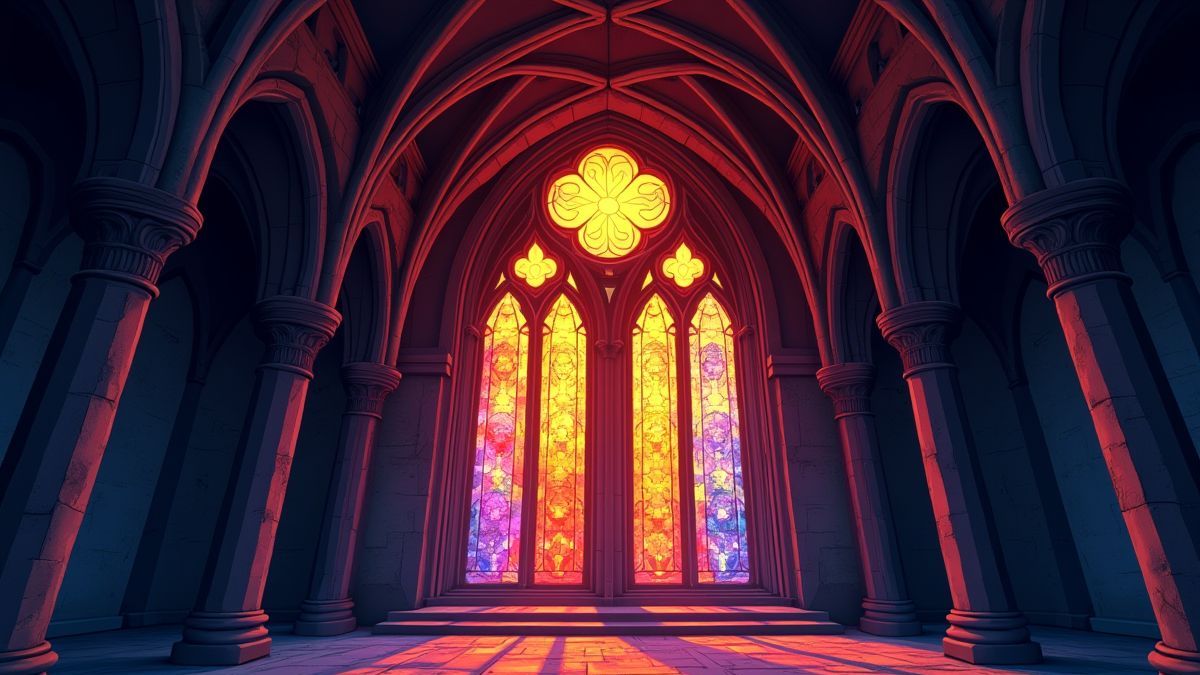 Vitrales médiévaux illuminés avec des couleurs vibrantes.