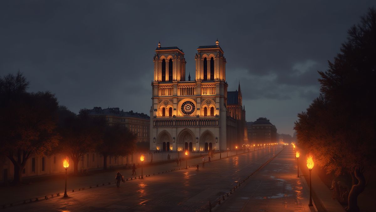 Cathédrale de Notre Dame entourée de rues illuminées par des torches.