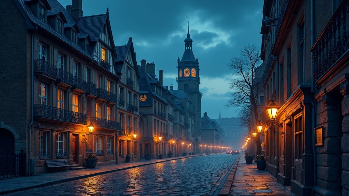 Paris médiéval avec des rues pavées et des lanternes lumineuses.