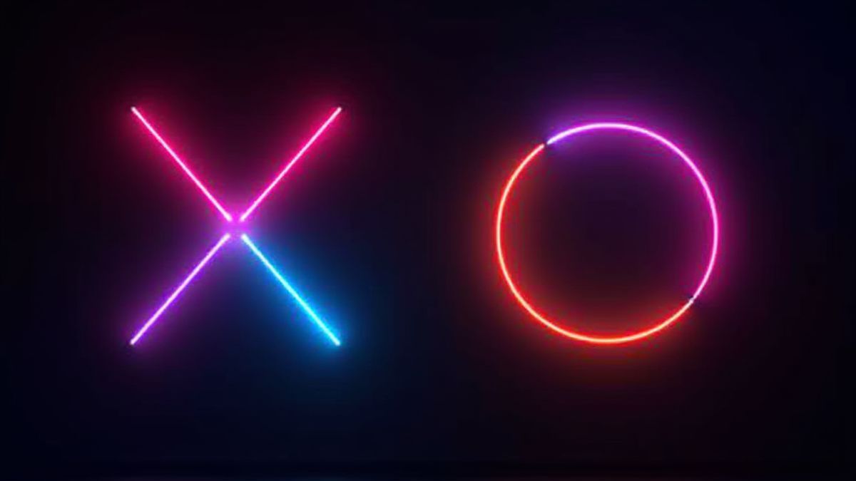 Representación abstracta de X y O en colores neón sobre fondo negro.