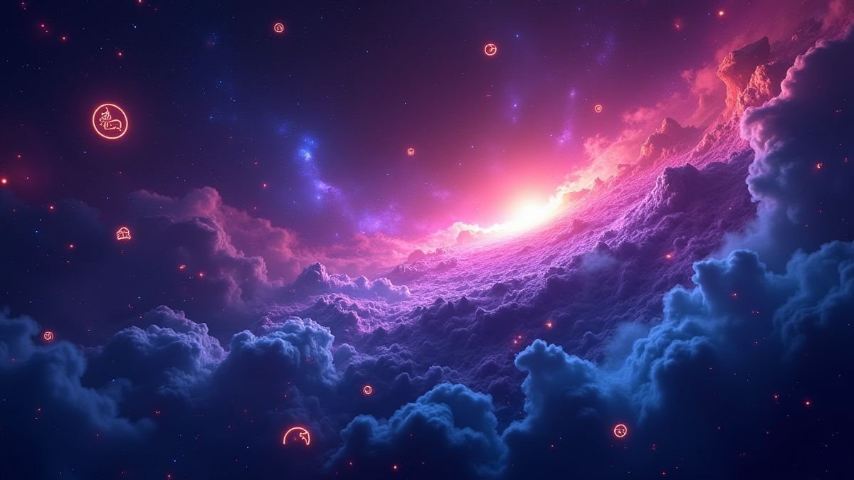Futuristische galaxie met neonlichten en zwevende symbolen.
