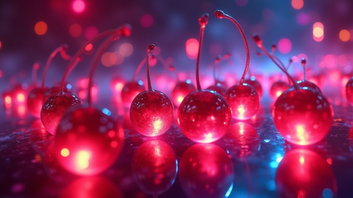 Neon kersen en bellen in een futuristische omgeving.