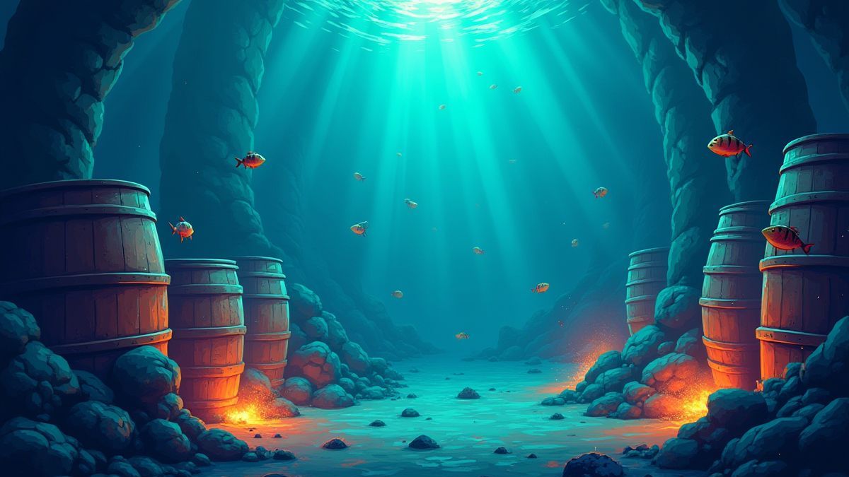 Onderwaterscène met radioactieve vaten en kleurrijke vissen.