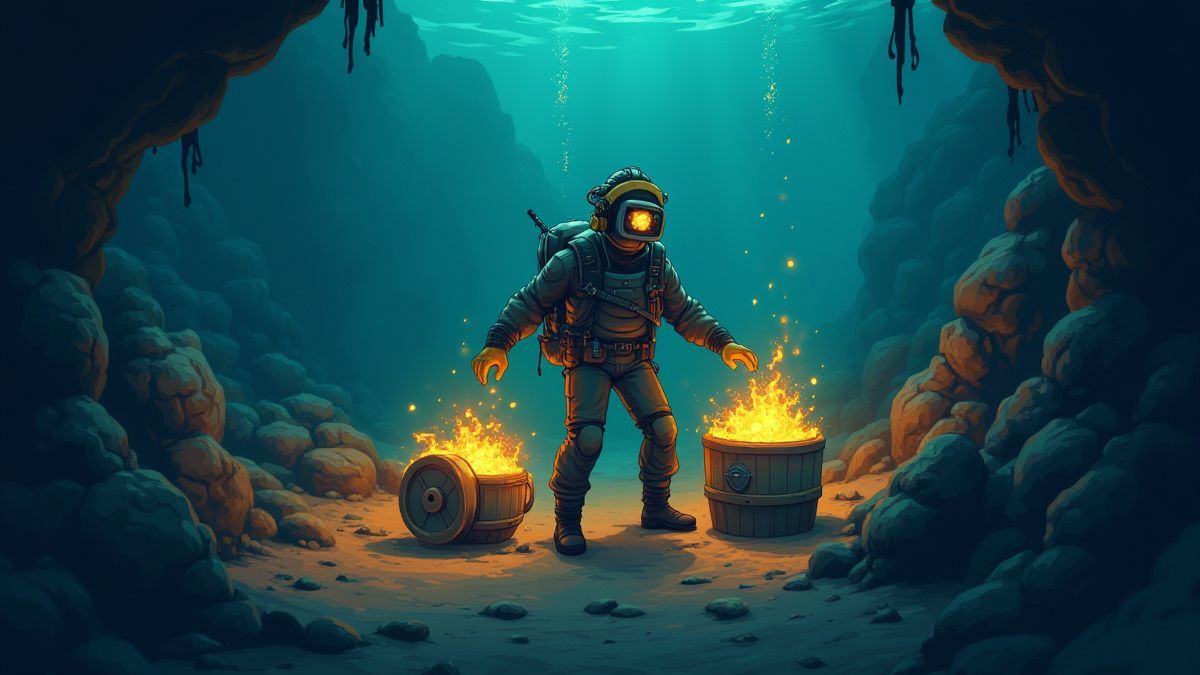 Duiker die onder water stralende vaten verzamelt.