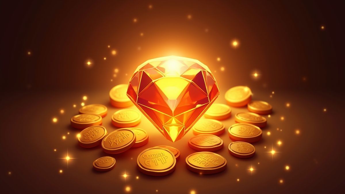 Gema brilhante rodeada de moedas douradas e luzes cintilantes.