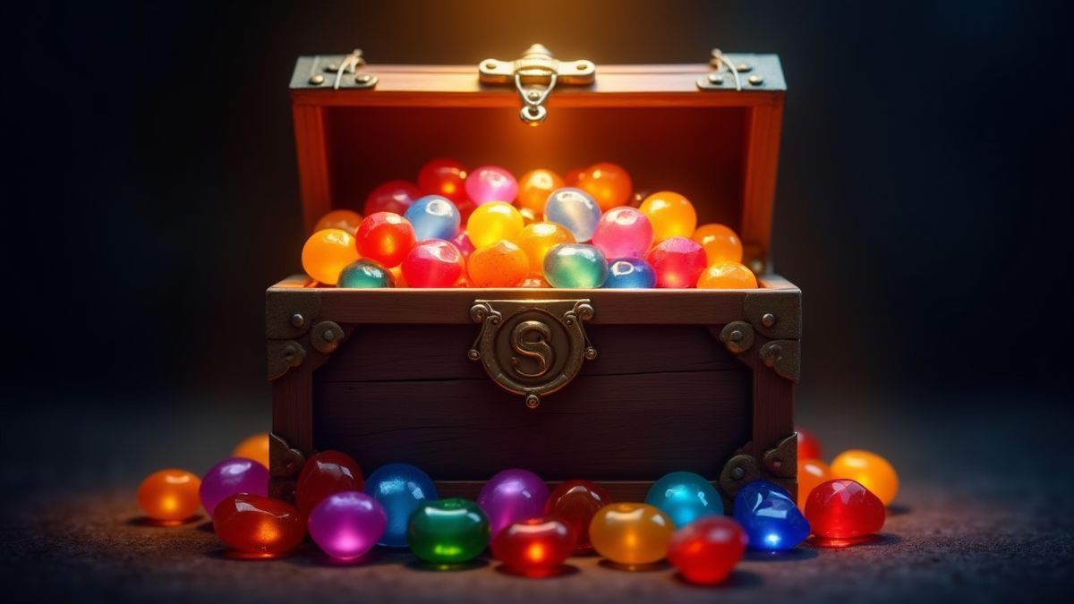 Cofre cheio de gemas coloridas e brilhantes sob uma luz quente.