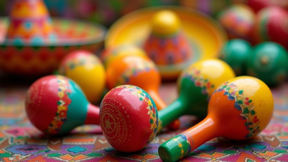 Colorful Mexican celebration with maracas and sombreros.