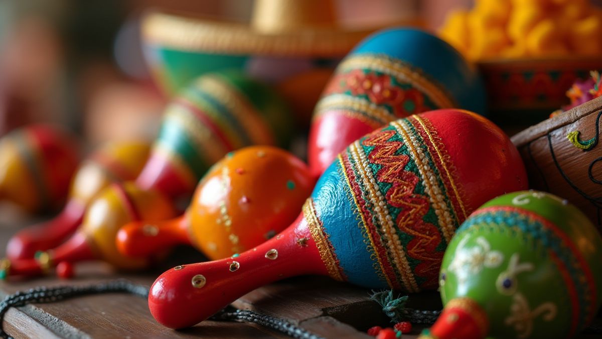 Festive Mexican celebration with maracas and sombreros.