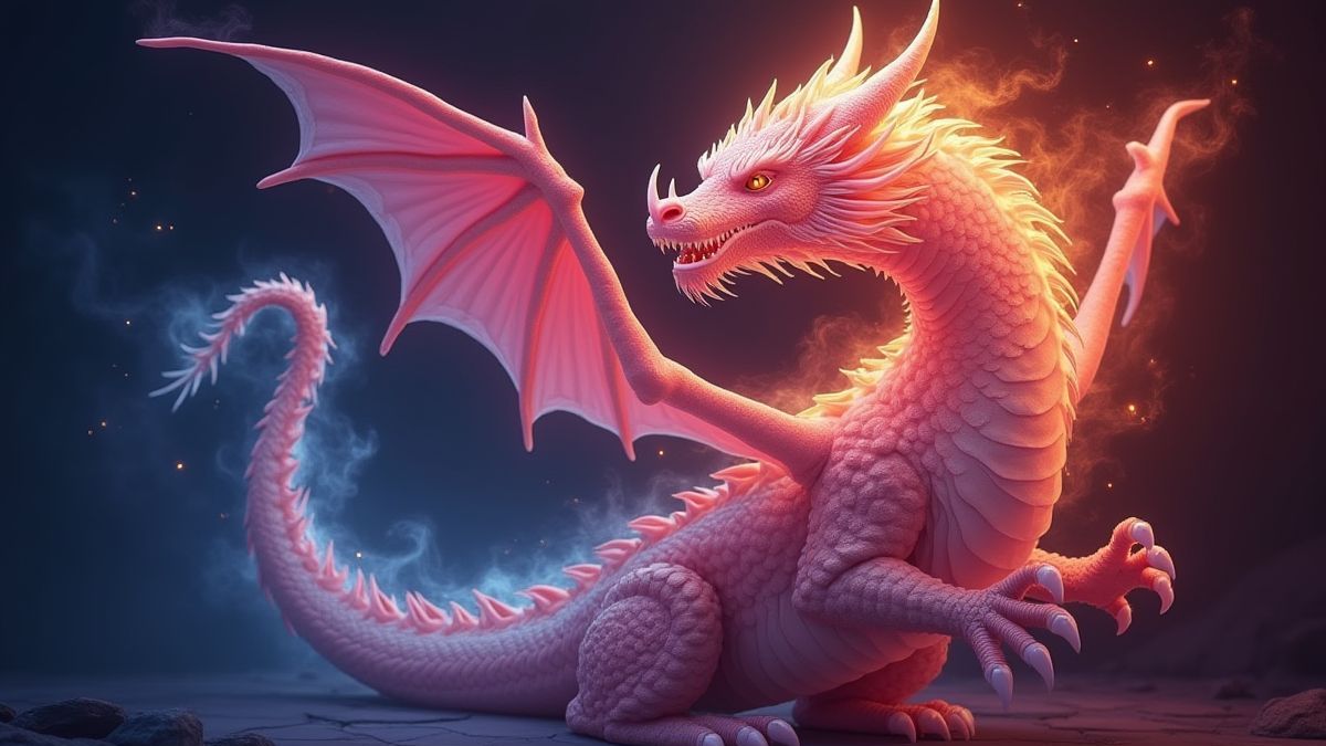 Ein mythischer Drache, der in lebhaften Farben leuchtet.