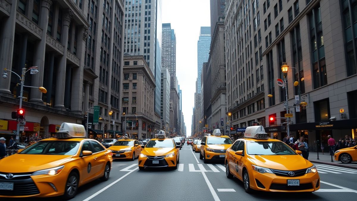 A vibrant street in New York with yellow taxis and skyscrapers.