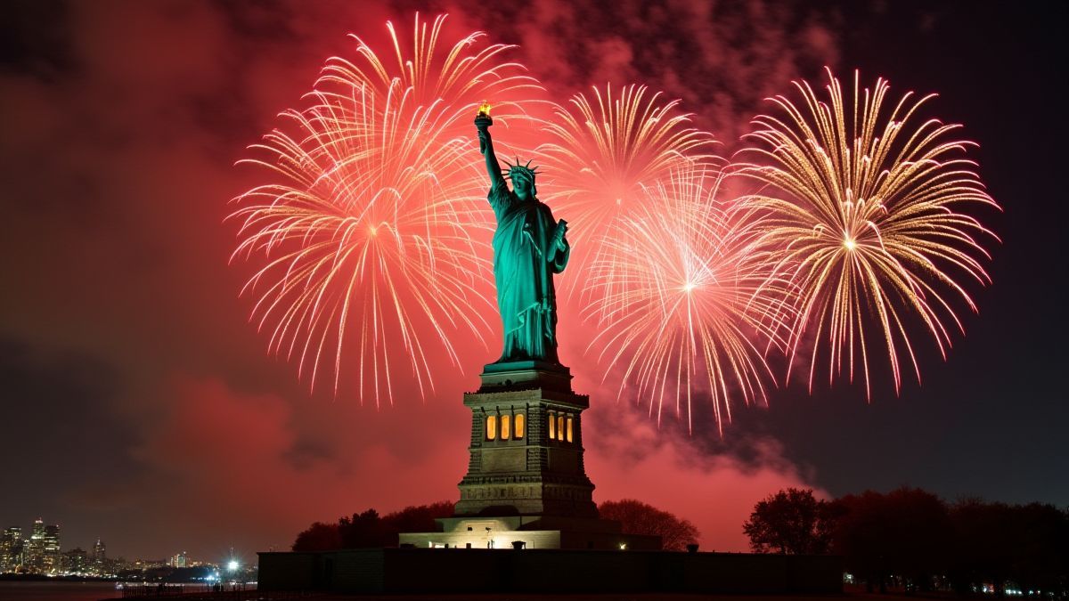 Statue of Liberty illuminated with fireworks.