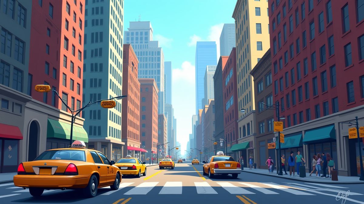 Calle animada de Nueva York con rascacielos y taxis