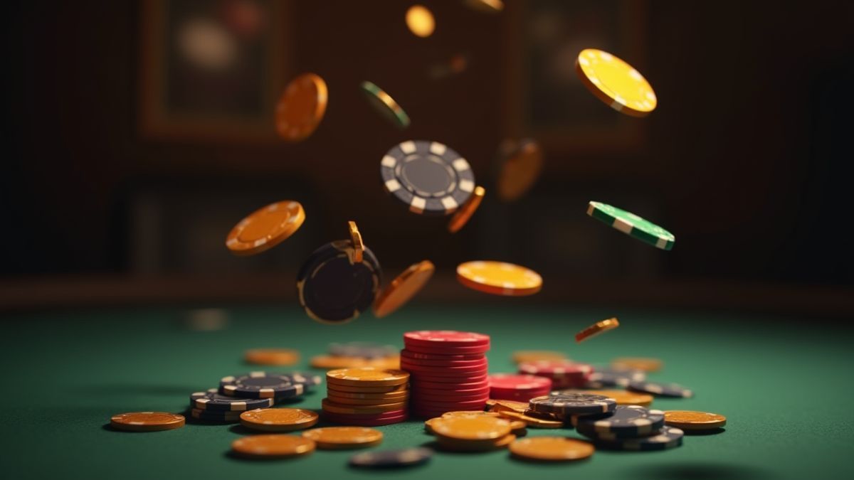 Fichas y monedas animadas cayendo sobre una mesa