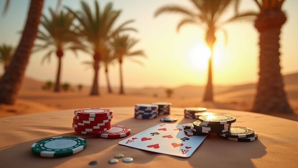 Fichas de pôker e cartas em uma mesa sob palmeiras em um deserto árabe.