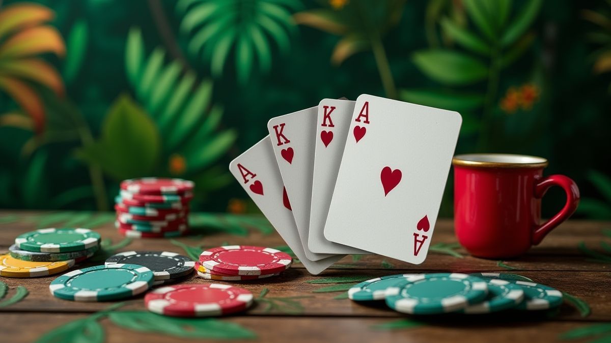 Cartas de pôquer e fichas sobre uma mesa temática tropical.
