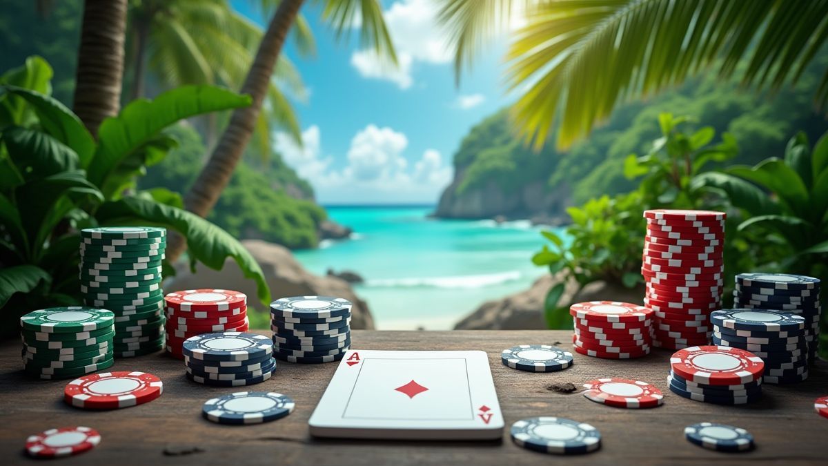 Um oásis tropical com elementos de pôquer como fichas e cartas dispersas.