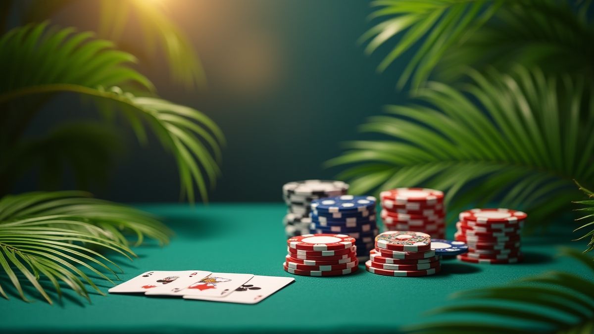 Poker fiches en kaarten op een tafel met tropisch thema en palmbladeren.