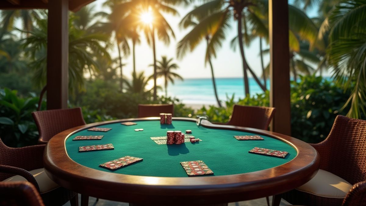 Poker tafel in een tropische omgeving met palmbomen op de achtergrond.