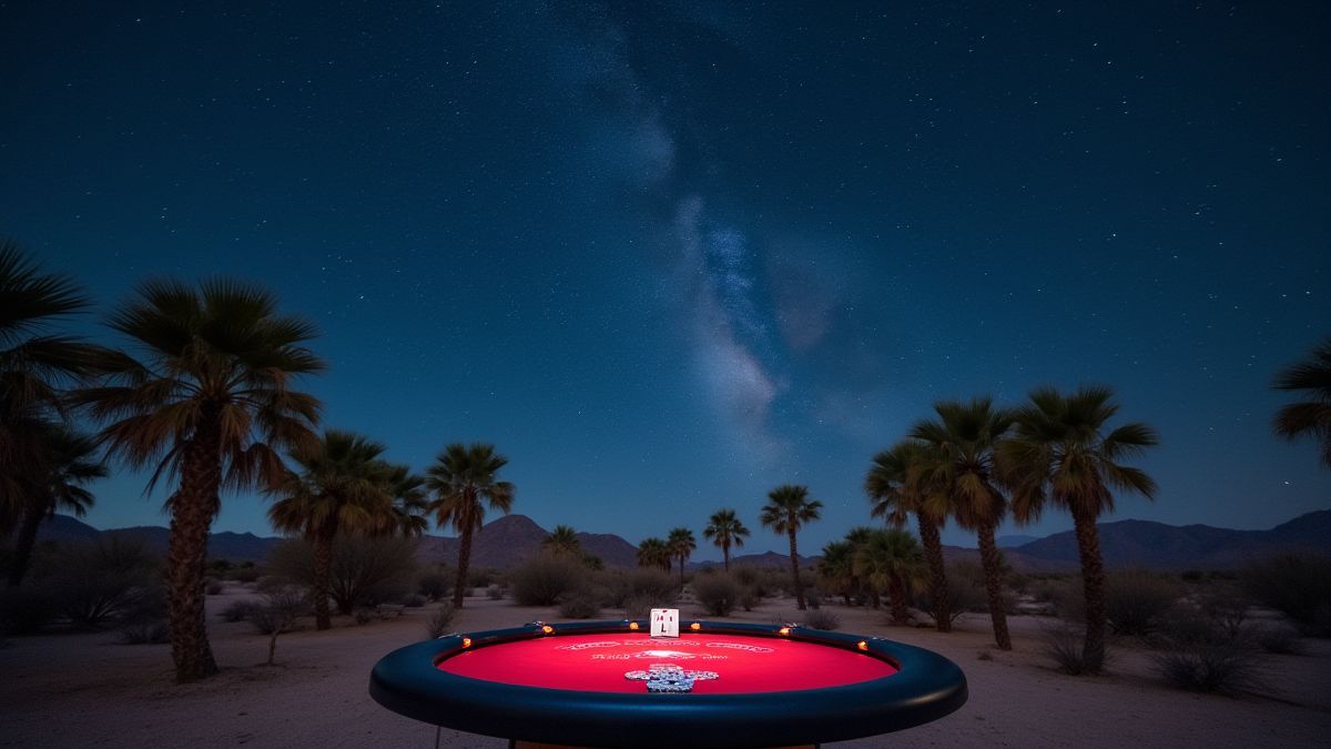Poker table under a starry sky in the desert surrounded by palm trees.