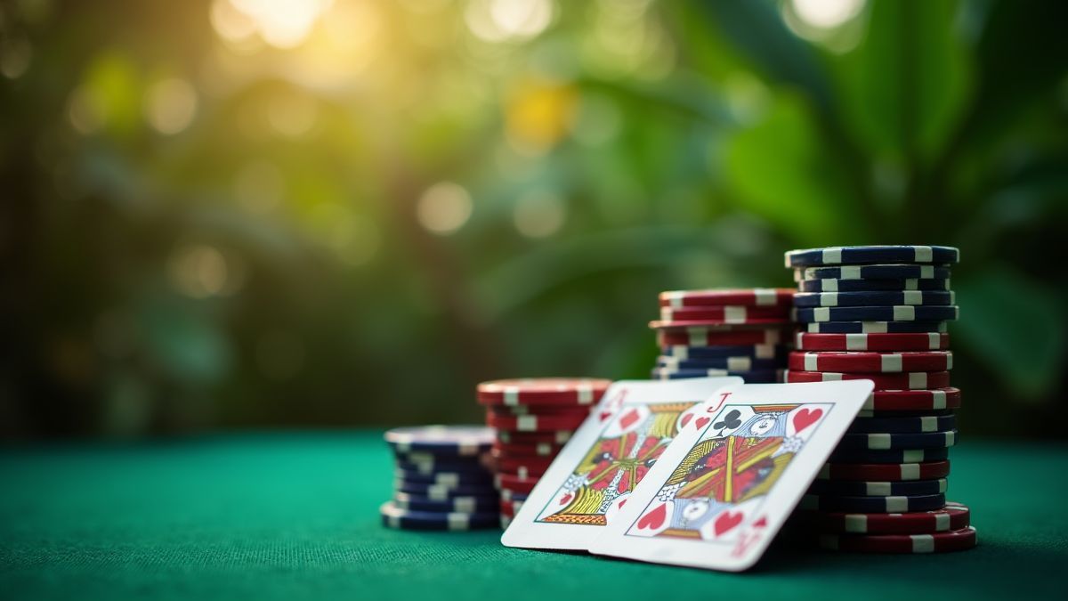 Poker chips and cards in a lush tropical environment.