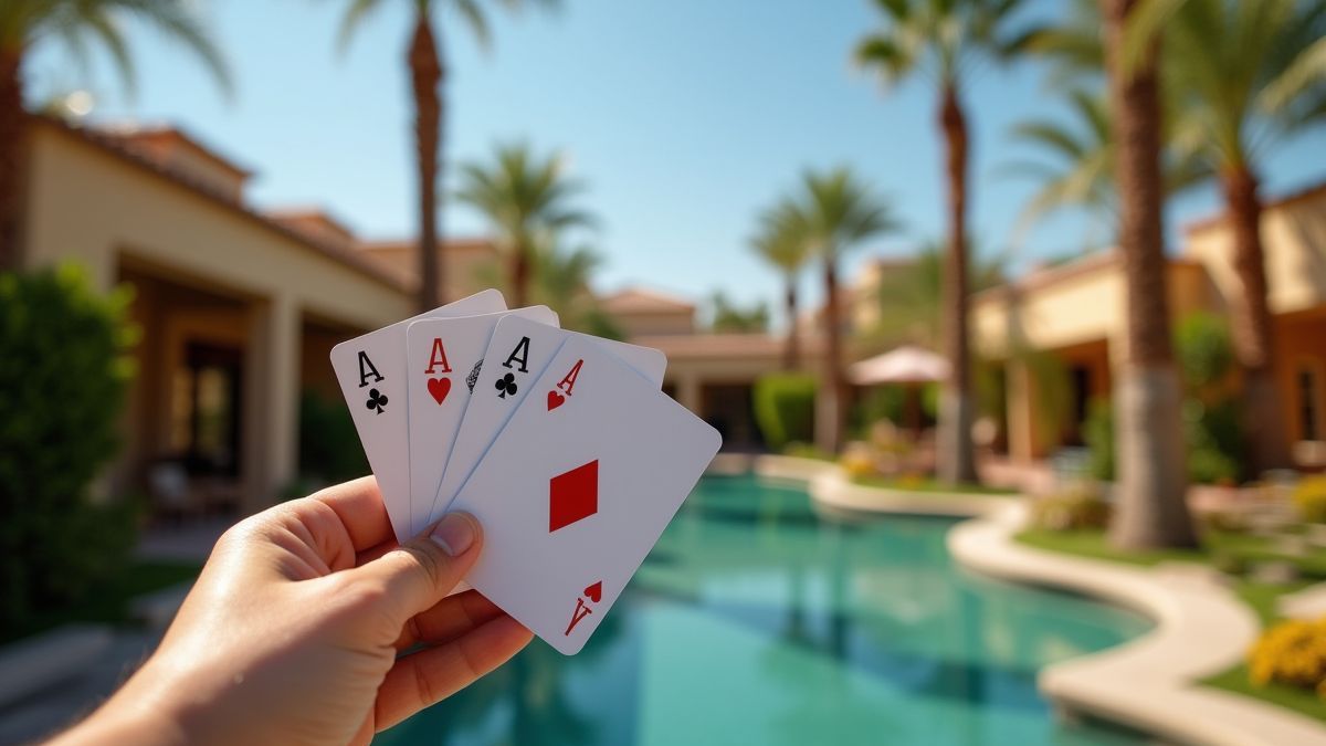 Hand holding poker cards near an oasis with palm trees in the background.