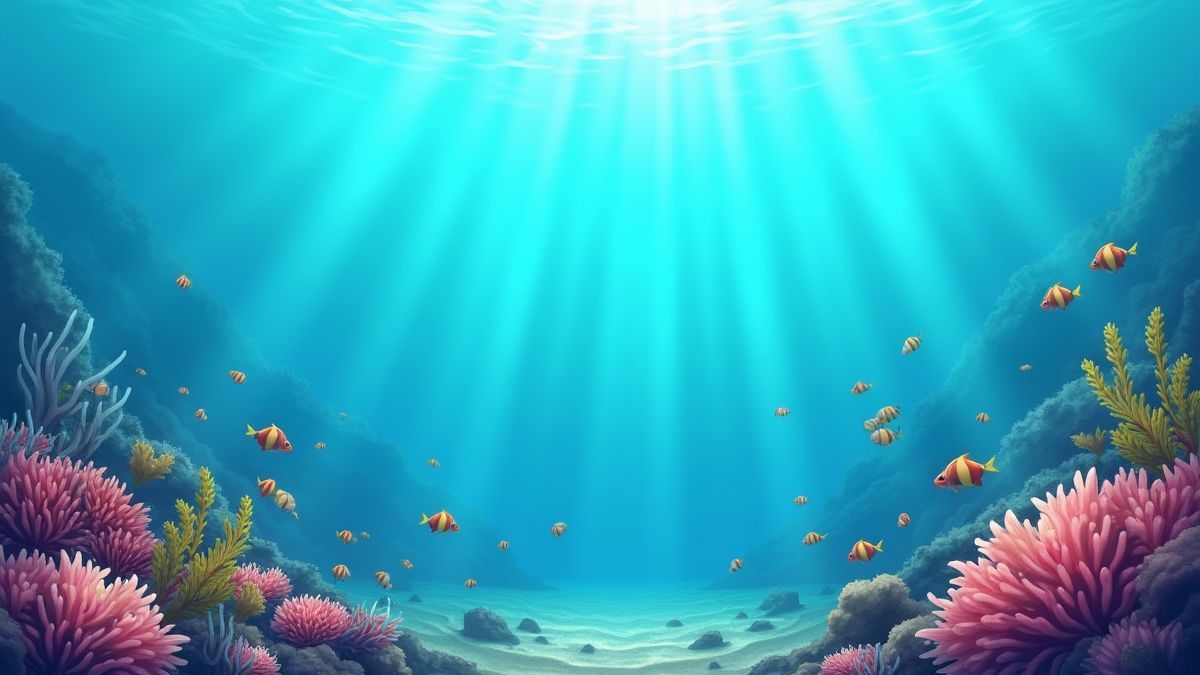Serene Unterwasserszene mit Korallenriffen und kleinen exotischen Fischen.