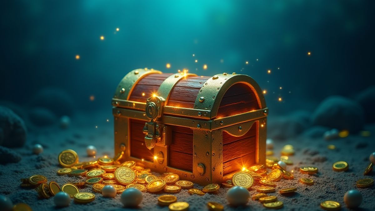 Leuchtende Schatztruhe unter Wasser umgeben von Goldmünzen und Perlen.