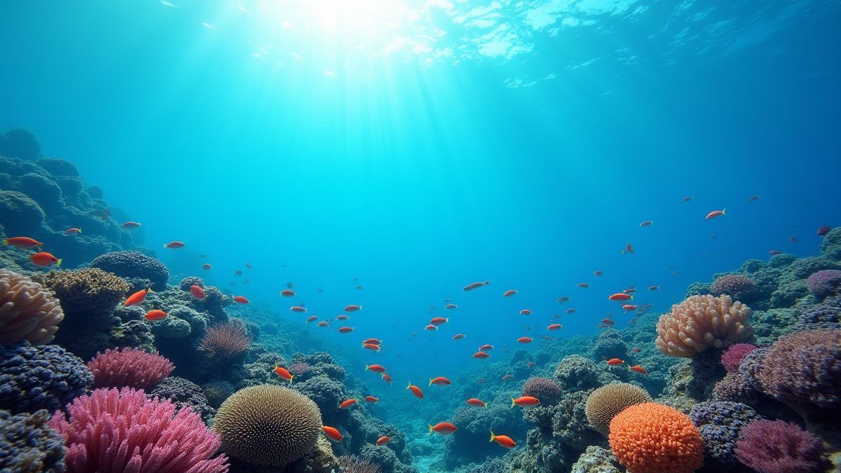 Een onderwaterscène met kleurrijke koralen en zwemmende vissen.
