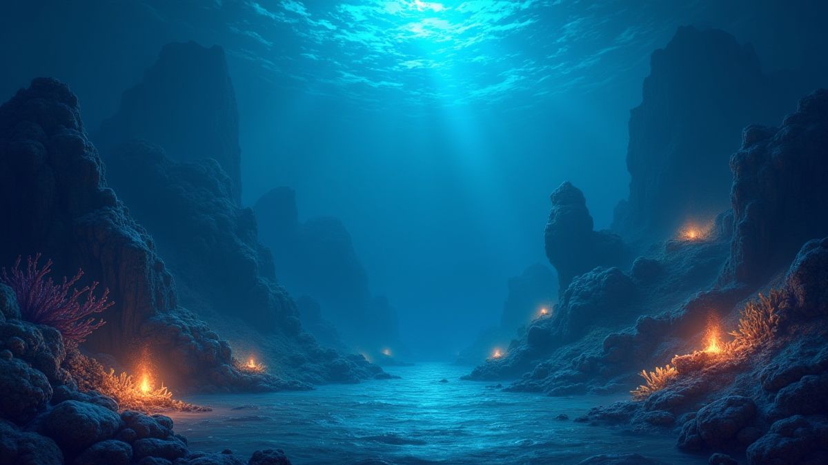 Représentation du royaume sous-marin d'Atlantis avec des coraux et des trésors.