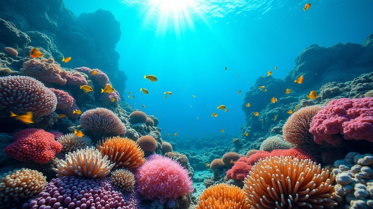 Ein bunter Korallenriff mit exotischen Fischen, die herum schwimmen.