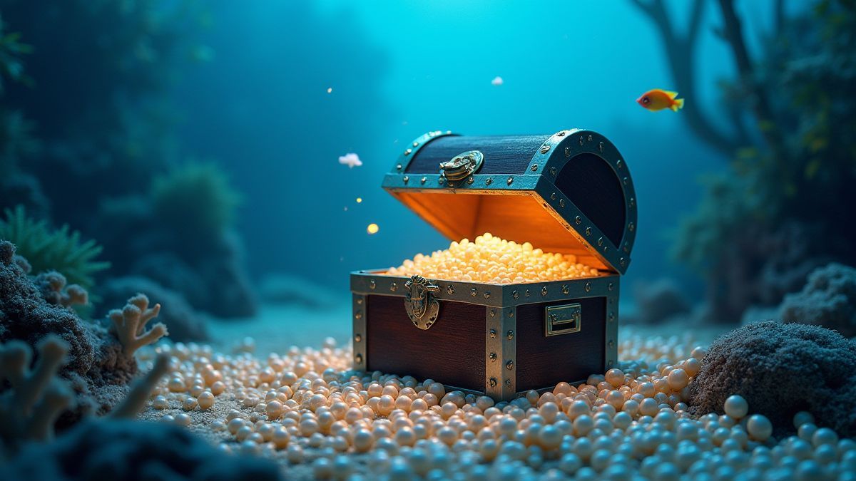 Eine Unterwasser-Schatztruhe umgeben von leuchtenden Perlen und bunten Fischen.
