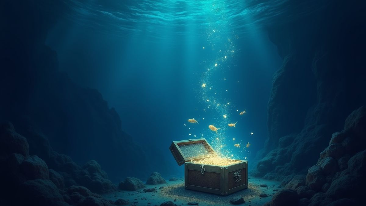 Magische Unterwasser-Szene mit leuchtenden Kreaturen und Schätzen.