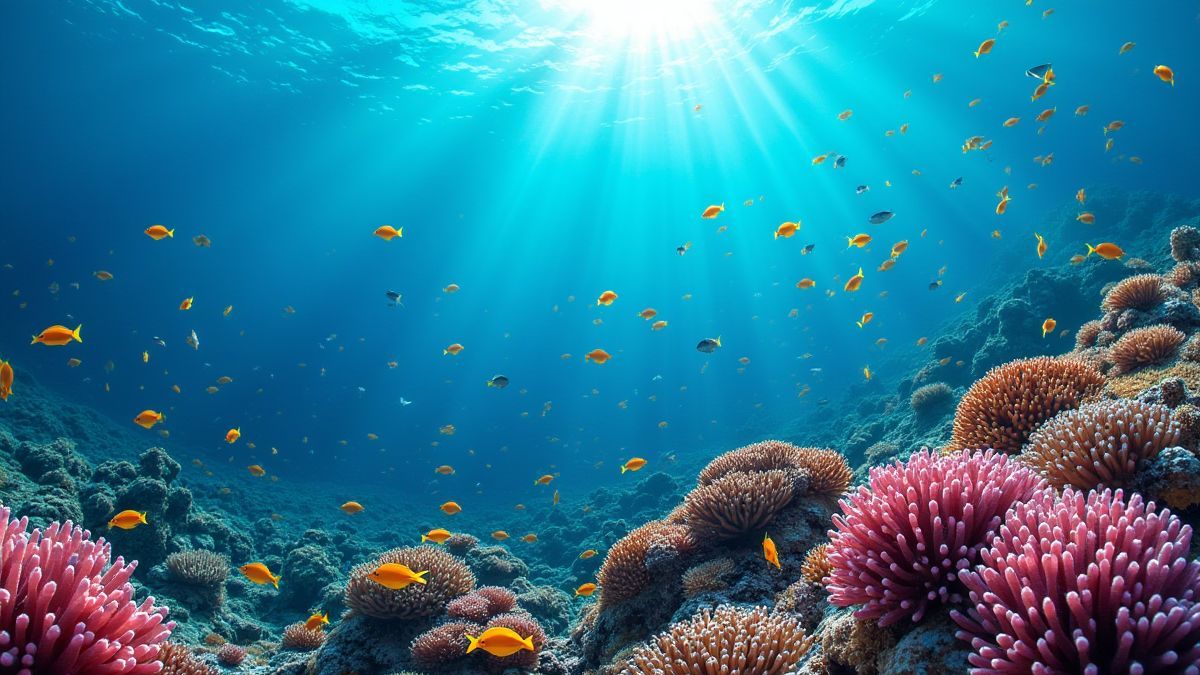 A vibrant coral reef with fish swimming around.