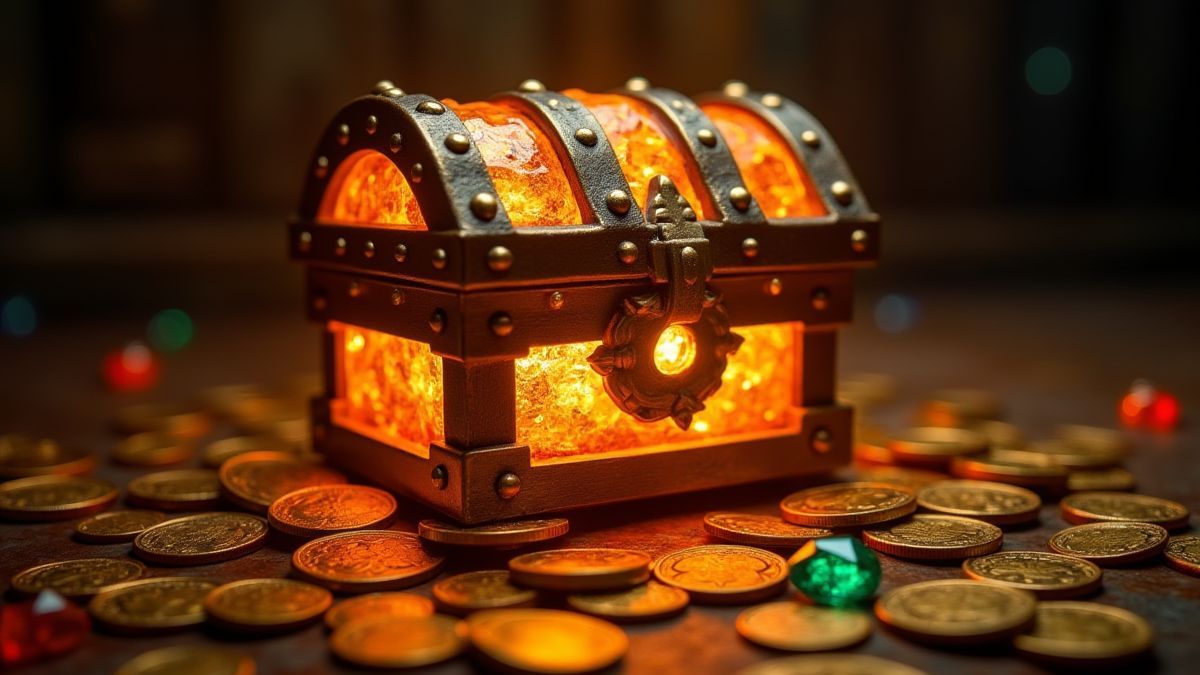 A glowing treasure chest surrounded by gold coins and jewels.