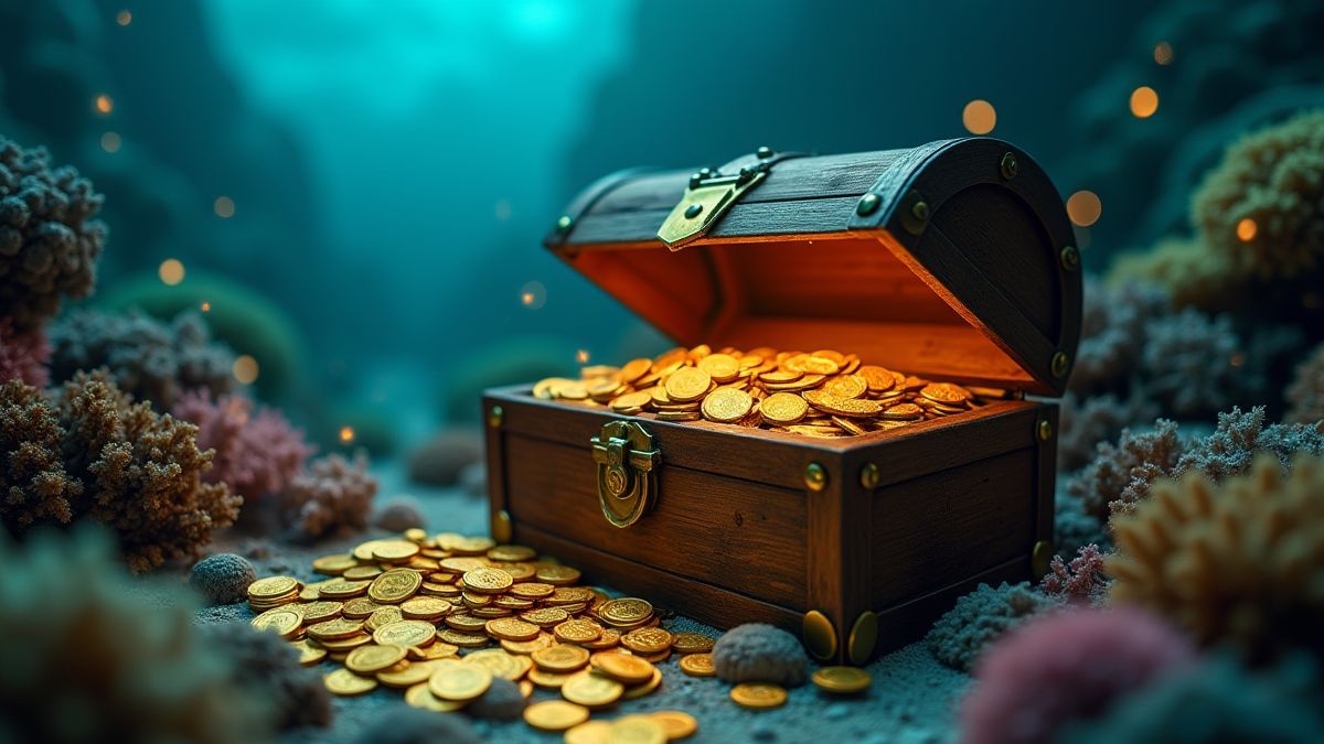 Treasure chest surrounded by coral and glowing gold coins underwater.