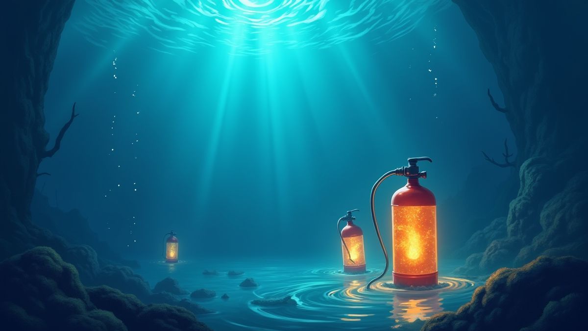 Glowing oxygen tanks underwater in a marine environment.