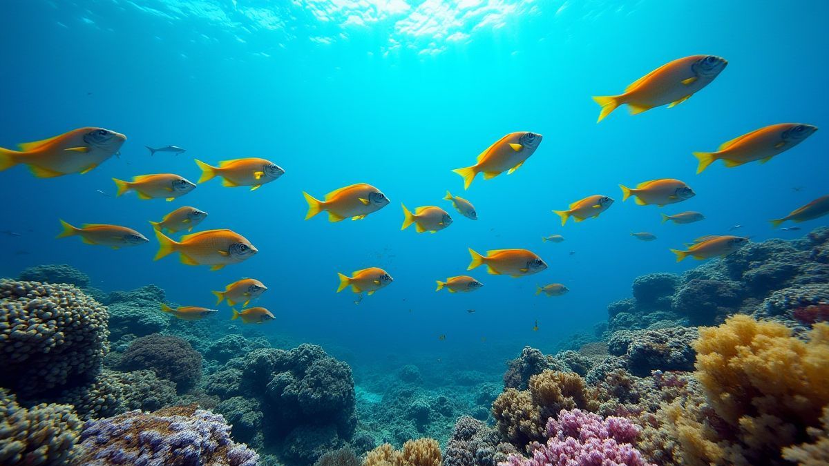 An underwater scene with fish swimming near coral reefs.