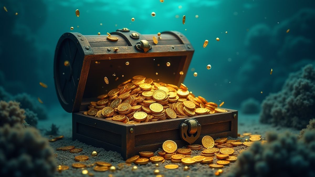 A treasure chest filled with gold coins and jewels underwater.