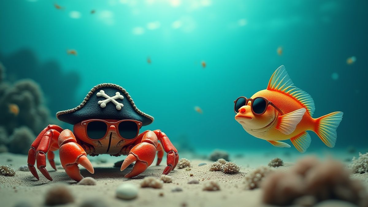 Een krab met een piratenhoed en een vis met een zonnebril onder water.