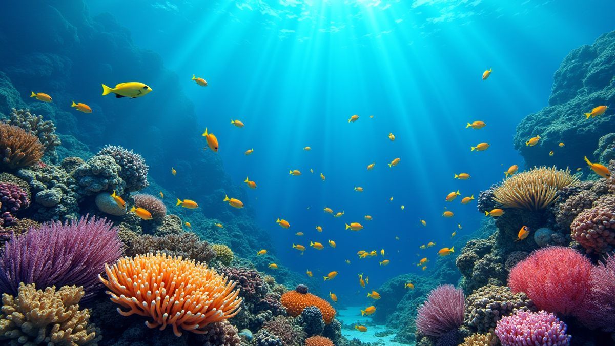 Bunter Korallenriff mit tropischen Fischen, die herumschwimmen.