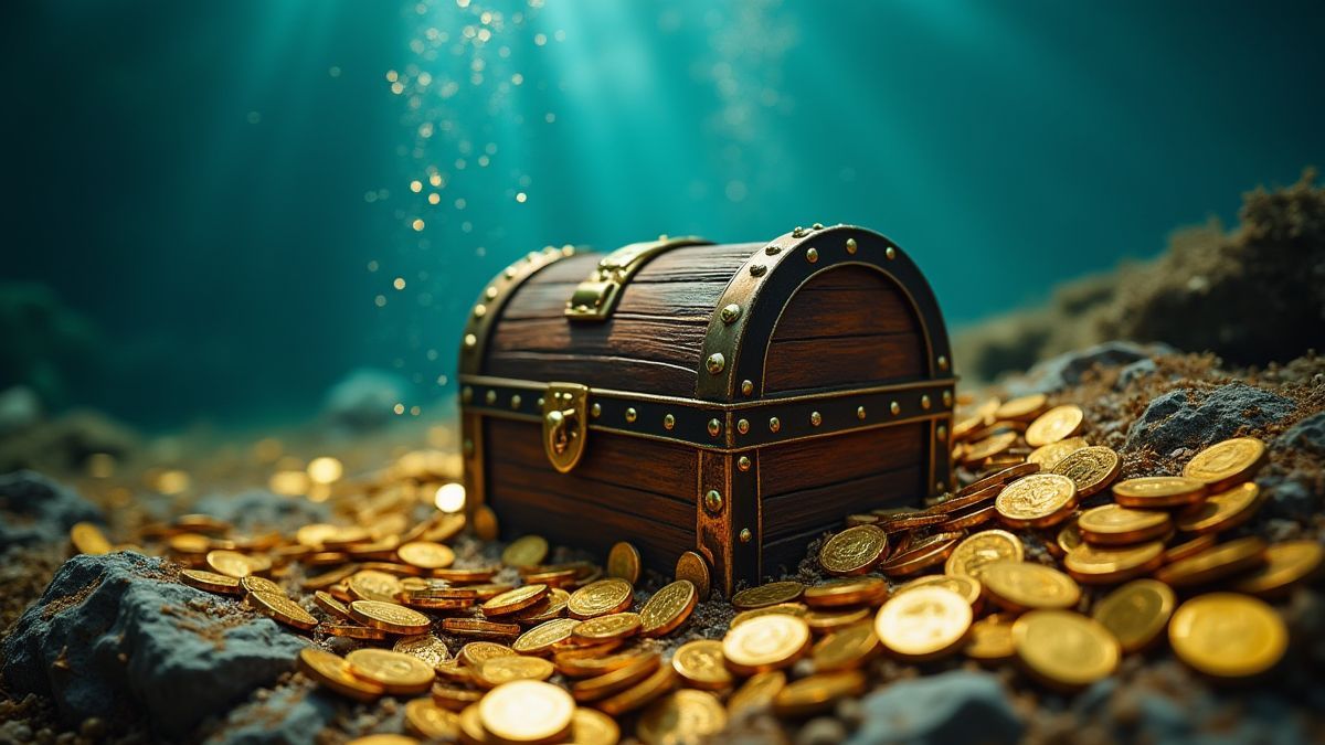 Schatztruhe umgeben von Goldmünzen und Juwelen unter Wasser.