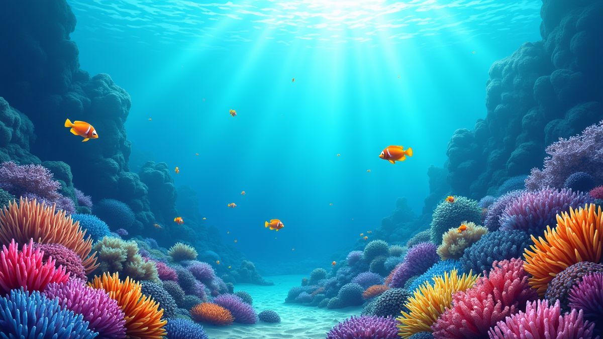 Un arrecife de coral vibrante con peces exóticos nadando alrededor.