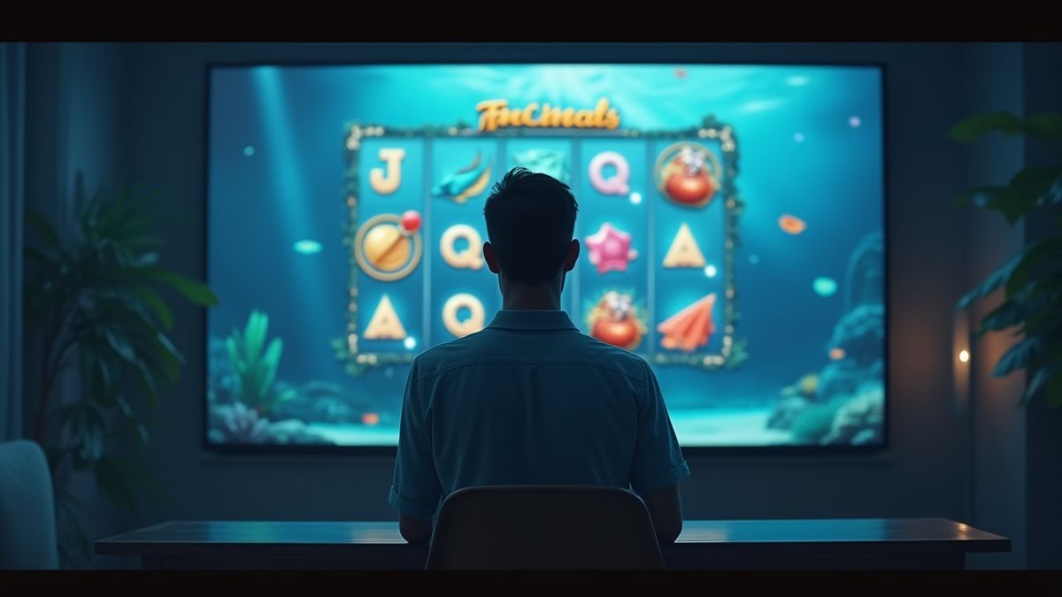 Un jugador emocionado frente a una pantalla con temática submarina.