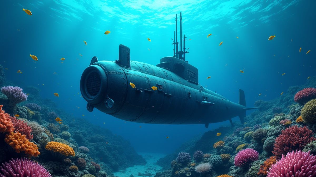 Ein U-Boot umgeben von Korallenriffen und lebhaften Fischen.