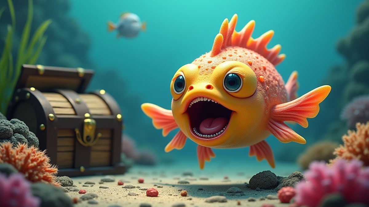 Ein bunter Pufferfisch, der nahe einer Schatztruhe schwimmt.
