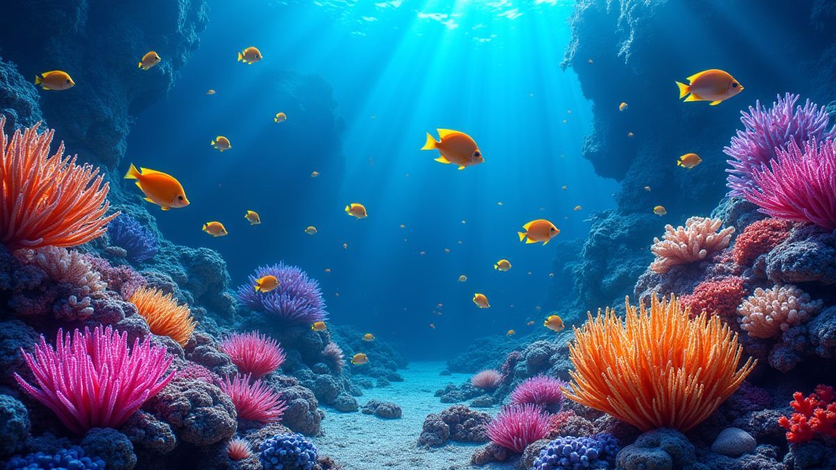 Ein Korallenriff voller tropischer Fische und leuchtender Unterwasserpflanzen.