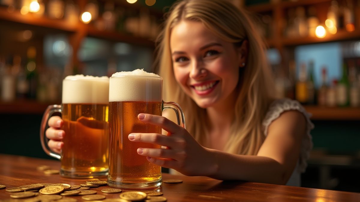 Lachende serveerster met bierpullen en gouden munten in een feestelijke omgeving.